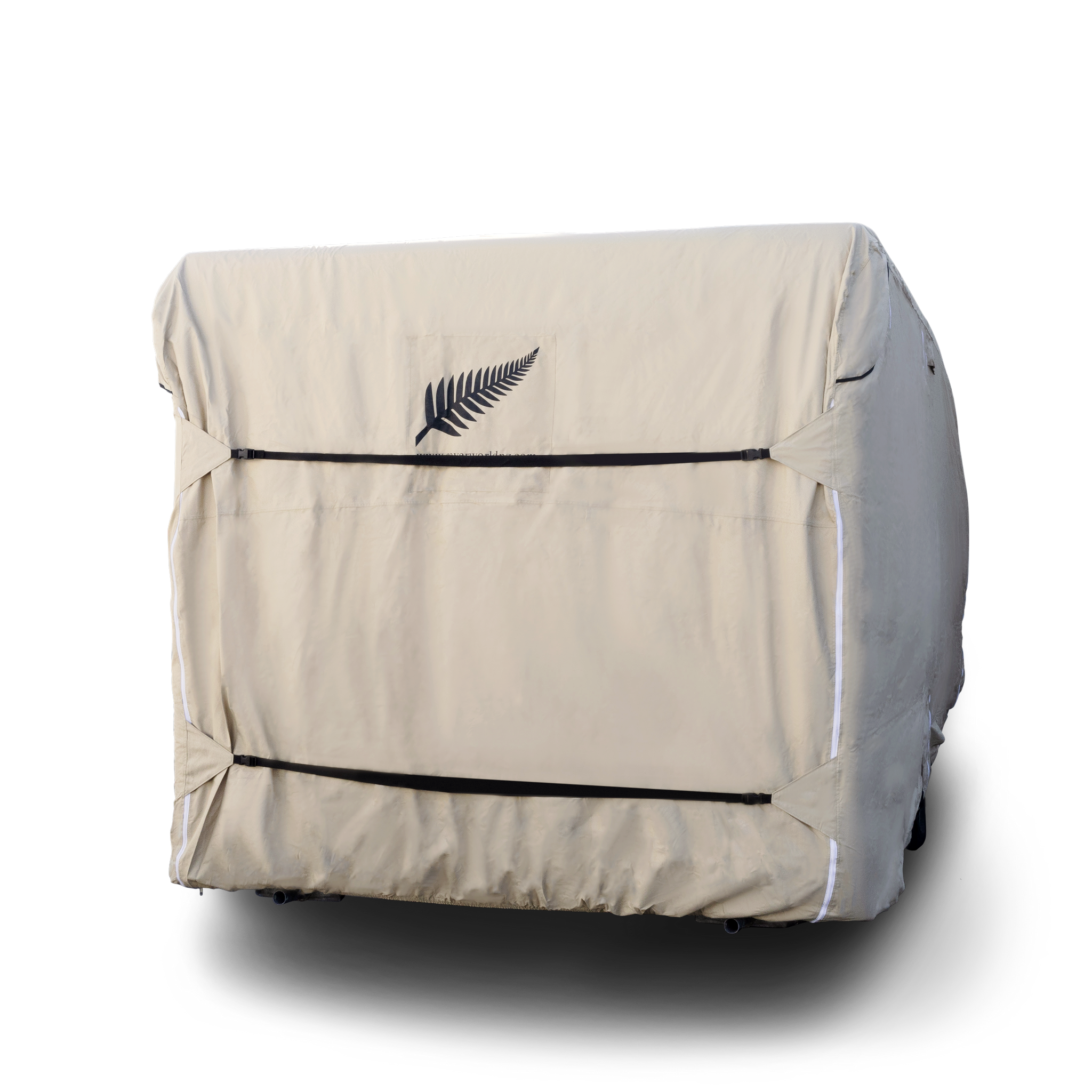 image of the back of a beige premium Motorhome Class caravan RV bus style  Cover with buckles