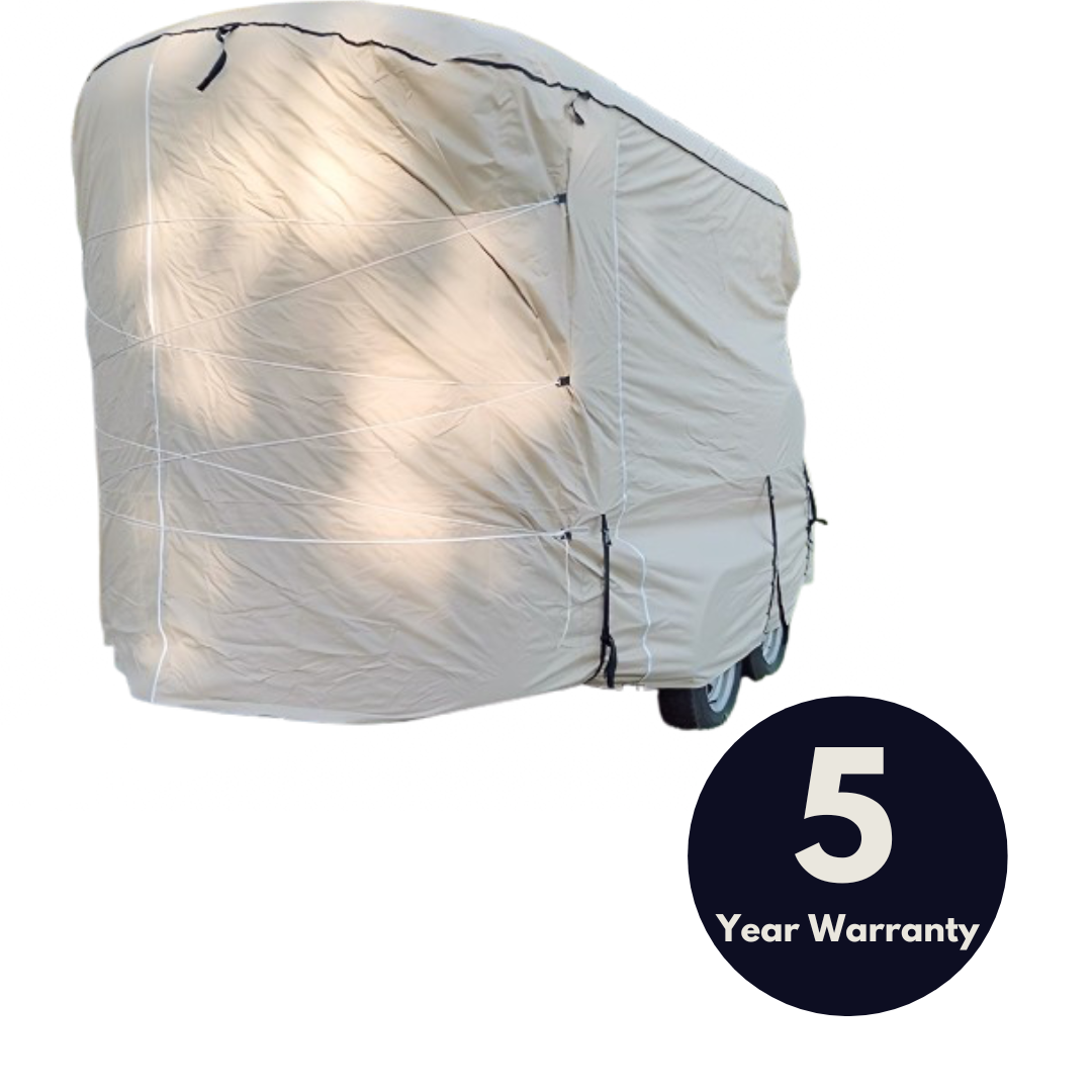 image of a horse float covered by a beige rounded front horse float premium cover