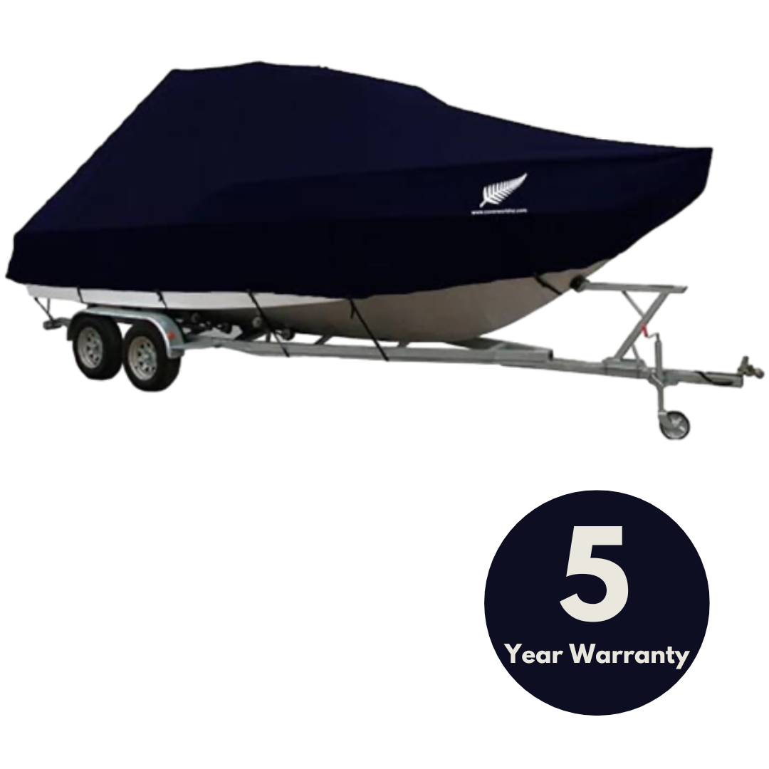 image of a hard top bimini top boat covered by black premium cover