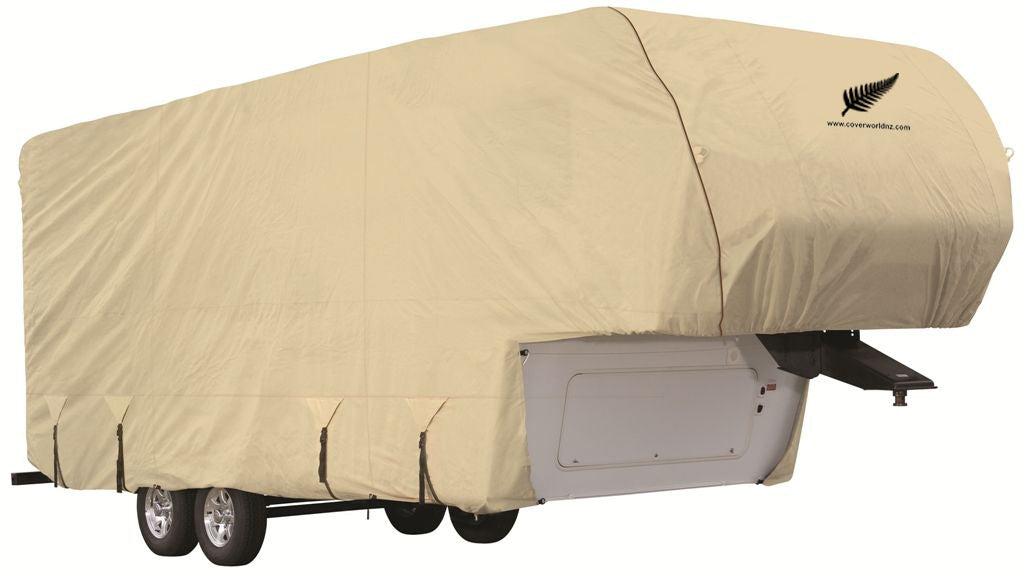 image of a 5th Fifth wheeler motorhome RV  covered by a beige caravan premium  cover celtic rambler