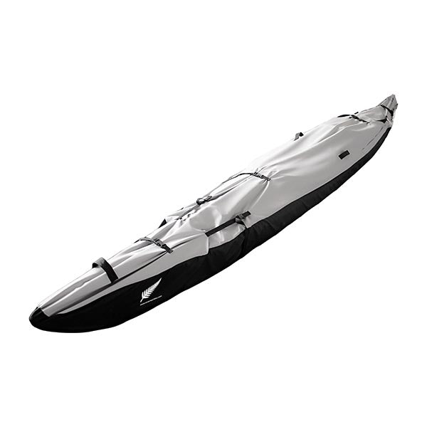image of a kayak covered by grey and black premium cover