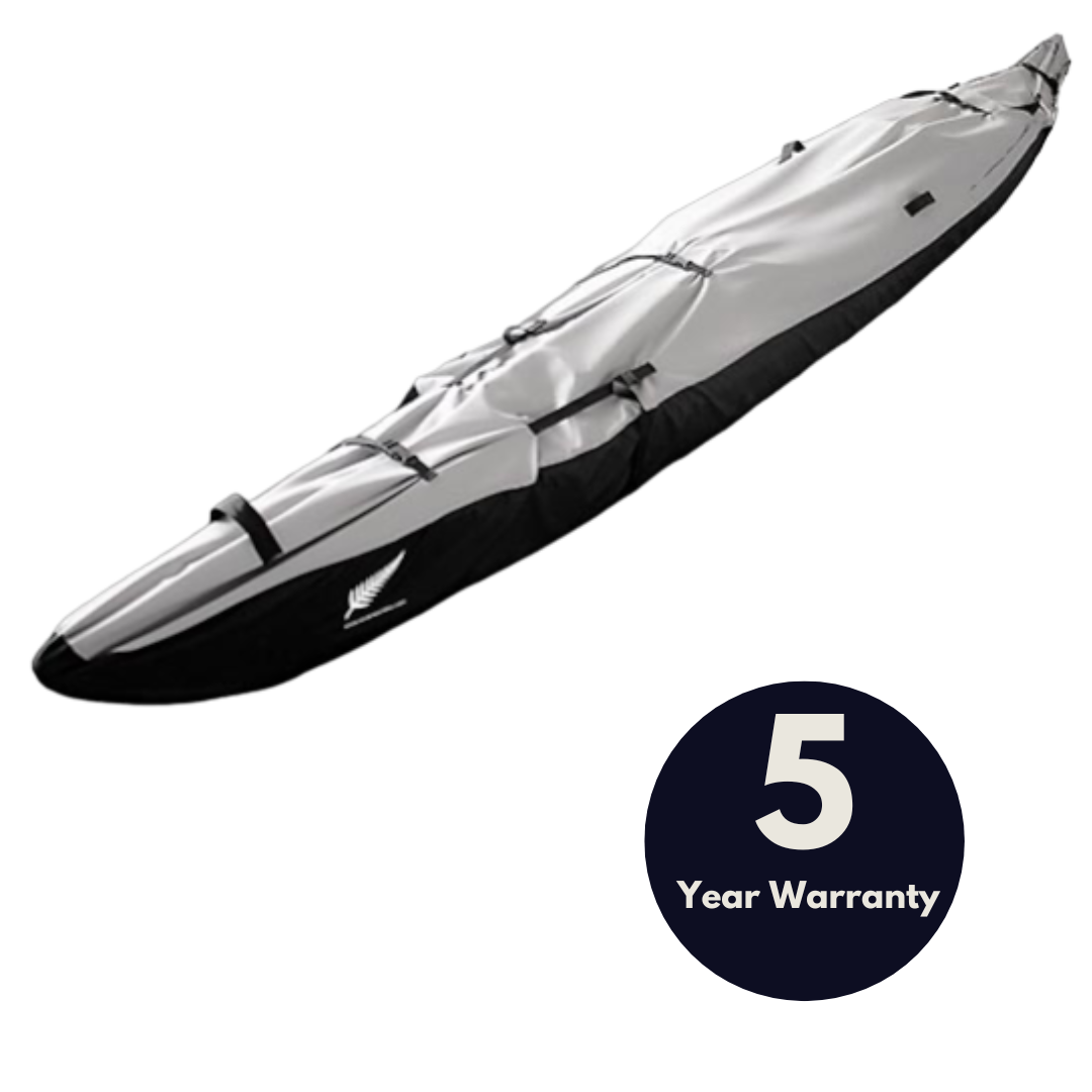 image of a kayak covered by grey and black premium cover