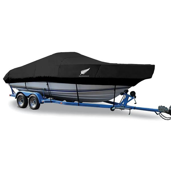 image of a runabout v hull boat covered by black premium cover