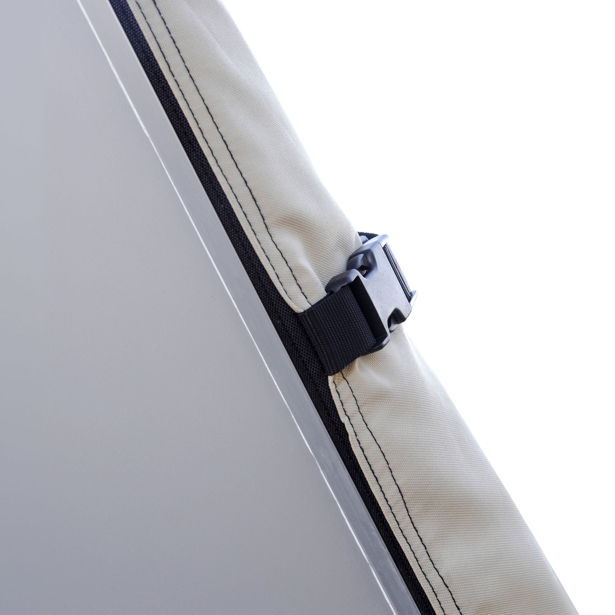 image of close up of caravan covered by a front towing caravan premium universal cover showing side