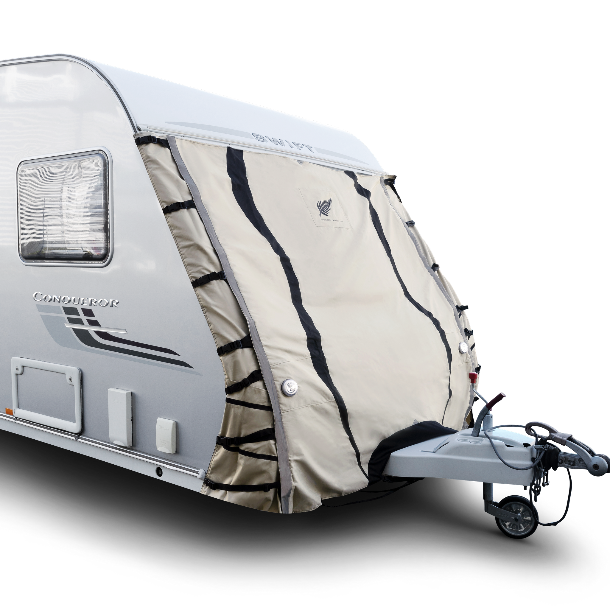 image of front of caravan covered by a front towing caravan premium cover universal fit