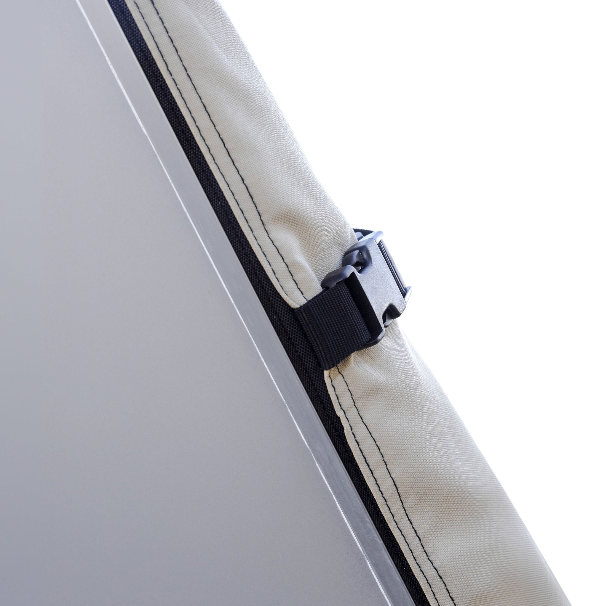 image of close up of caravan covered by a front towing caravan premium universal cover showing side 