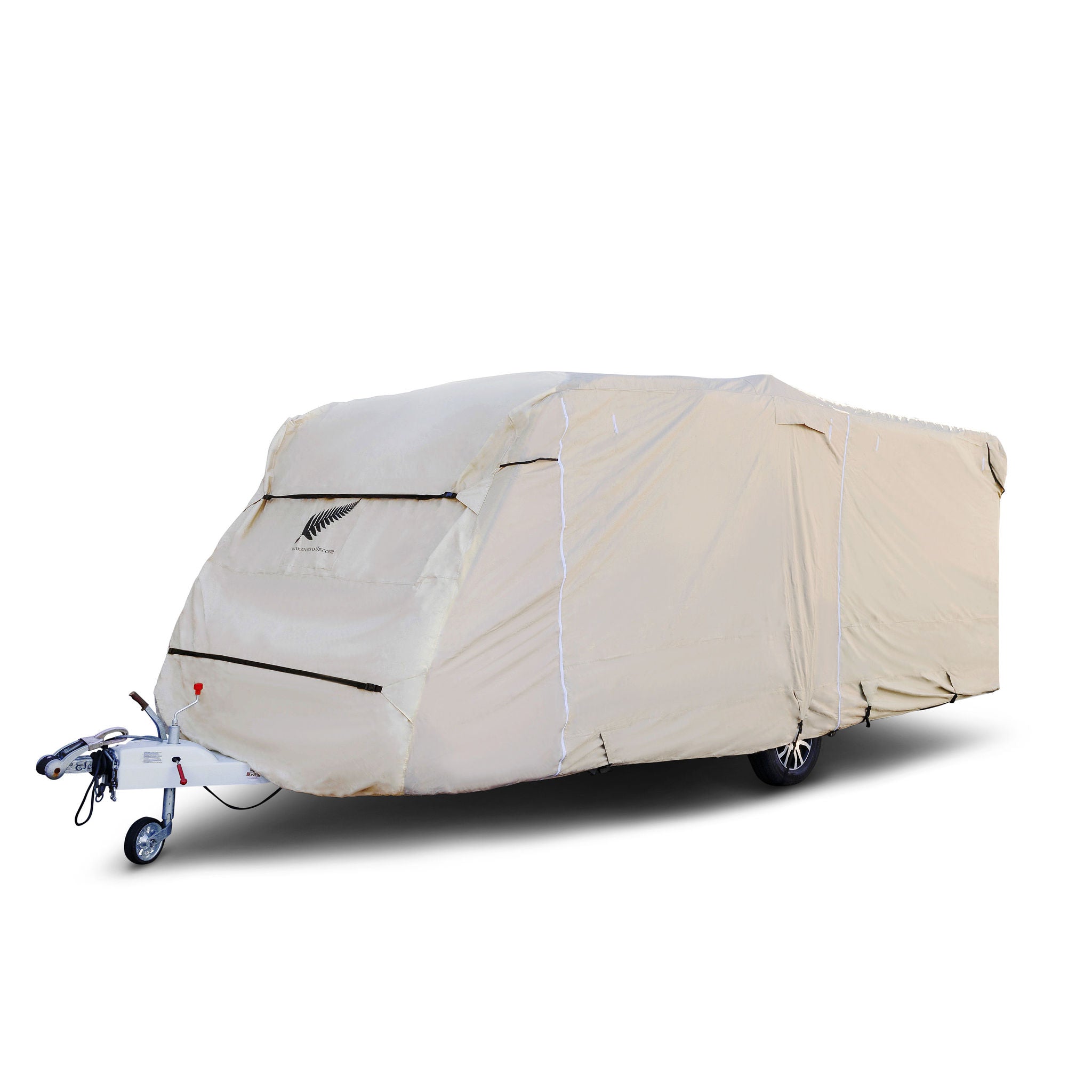 image of a caravan covered by a beige caravan premium whole body cover