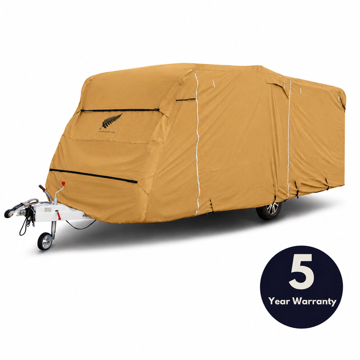 Brown trailer cover with a 5-year warranty badge on a white background