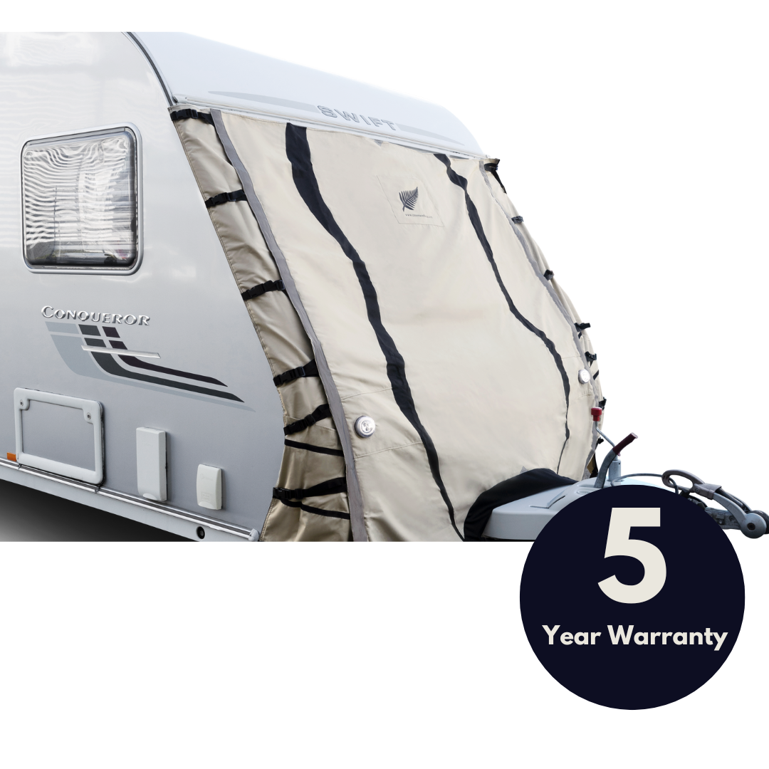 image of front of caravan covered by a front towing caravan premium cover universal fit