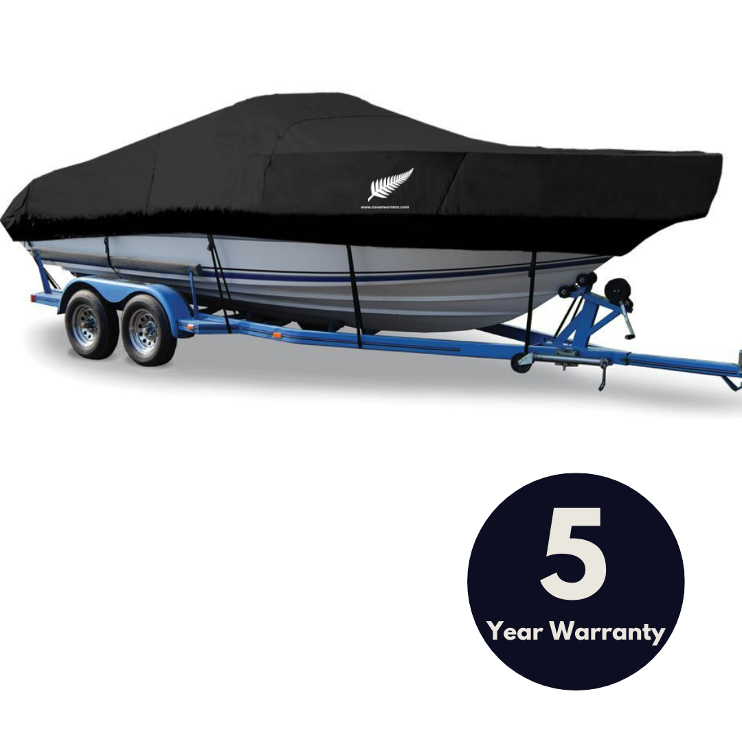 image of a v hull runabout boat covered by black premium cover  