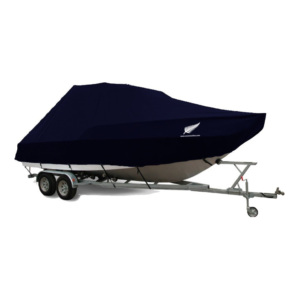 image of a hard top bimini top boat covered by black premium cover  