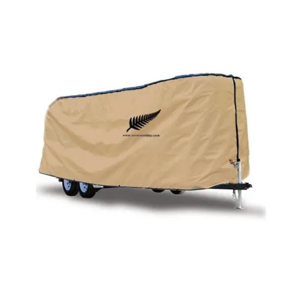 image of  the side of a horse float  covered by a beige rounded front horse float premium cover