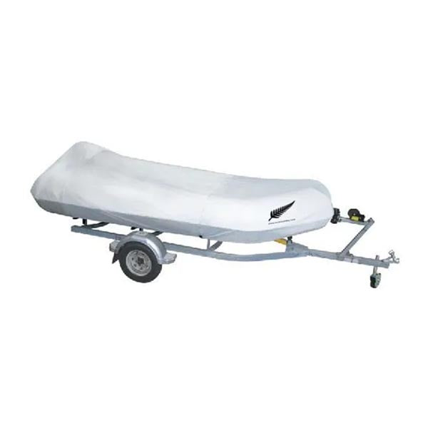 image of an  inflatable boat covered by grey premium cover  