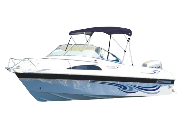 image of a hard top bimini top boat Rayglass haines hunter