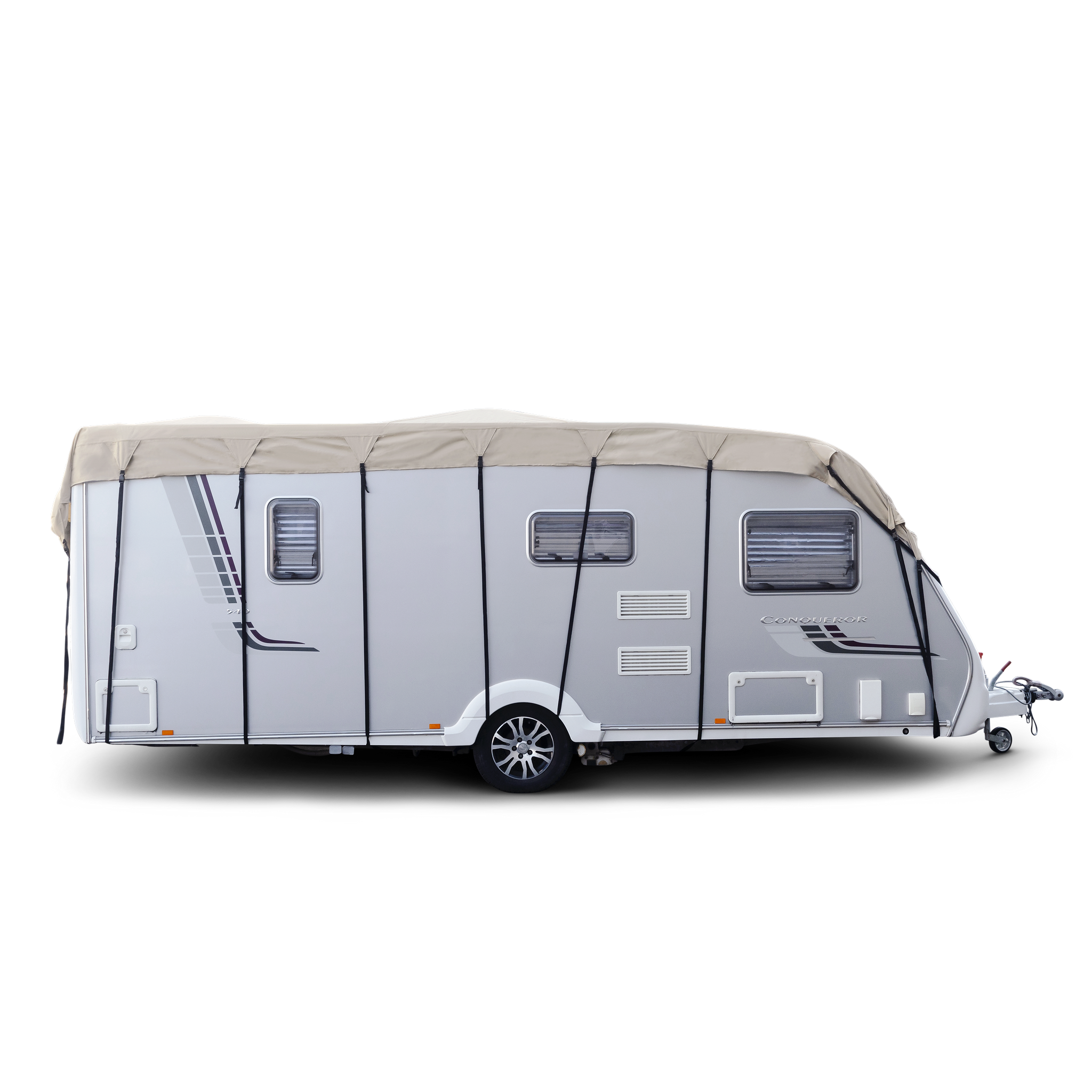 image of a caravan covered by a white caravan premium roof cover side view