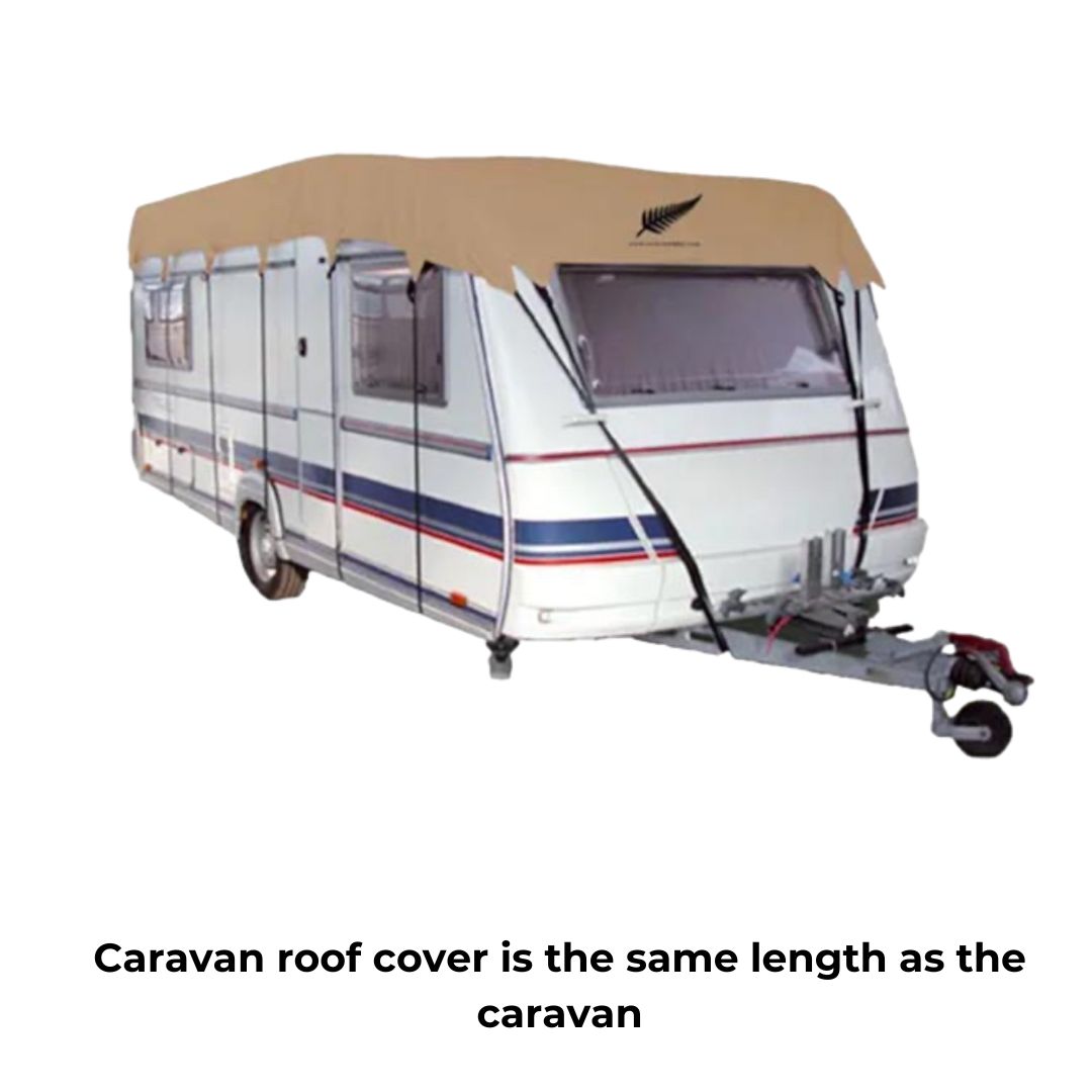 image of a caravan covered by a white caravan premium roof cover