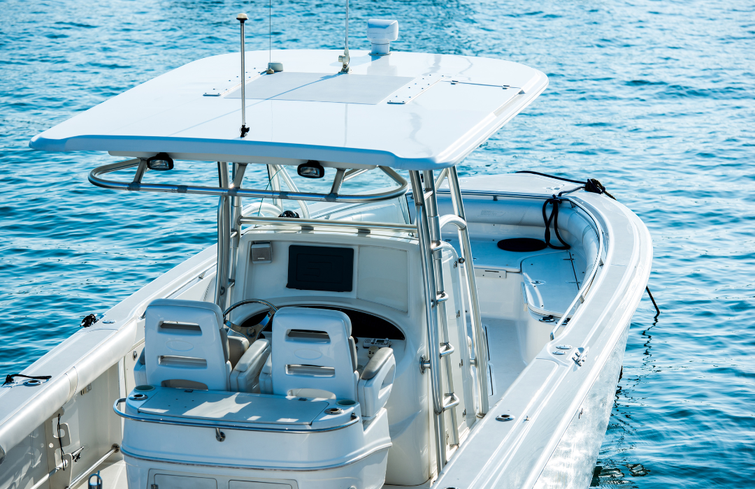 Image of hard bimini top boat on water