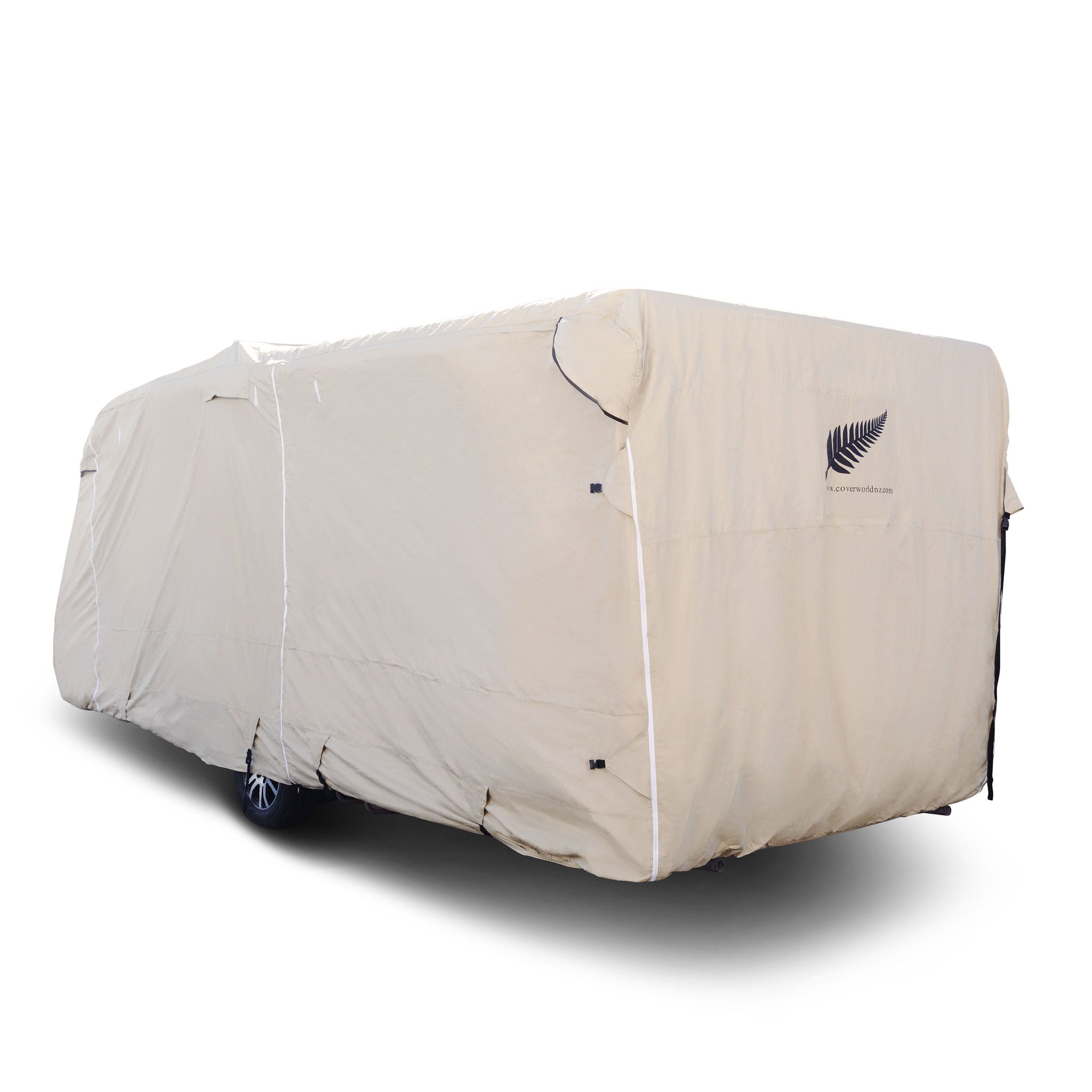 image of a caravan covered by a beige caravan premium whole body cover